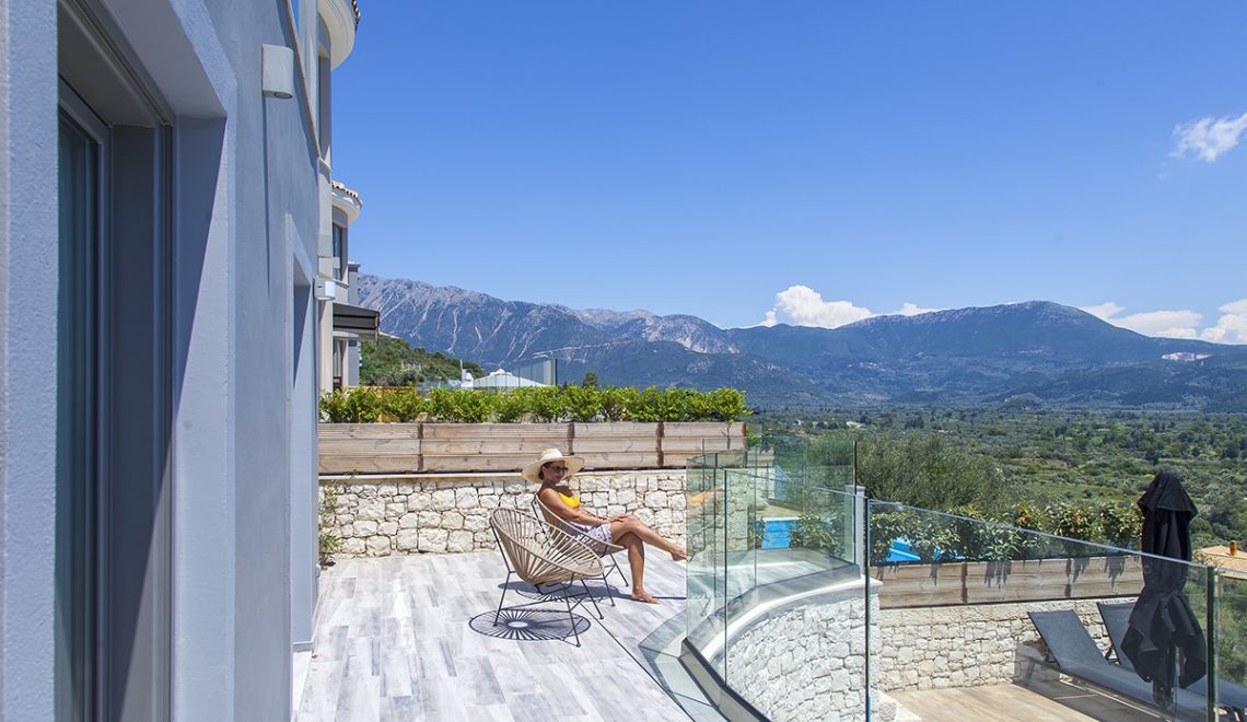 villa irene in vasiliki lefkada, girl admiring the mountain view