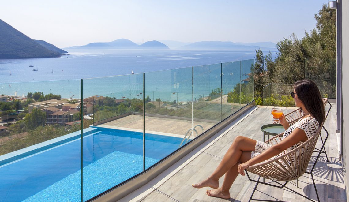 Villa Irene in vasiliki lefkada, girl overlooking the panoramic view over the pool