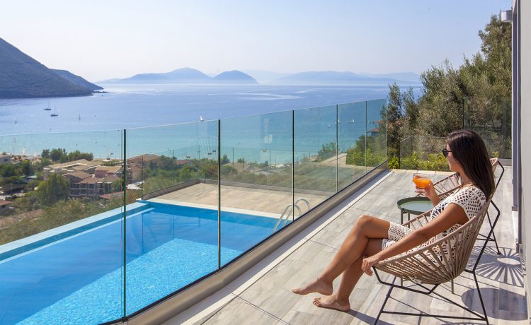 Villa Irene in vasiliki lefkada, girl overlooking the panoramic view over the pool