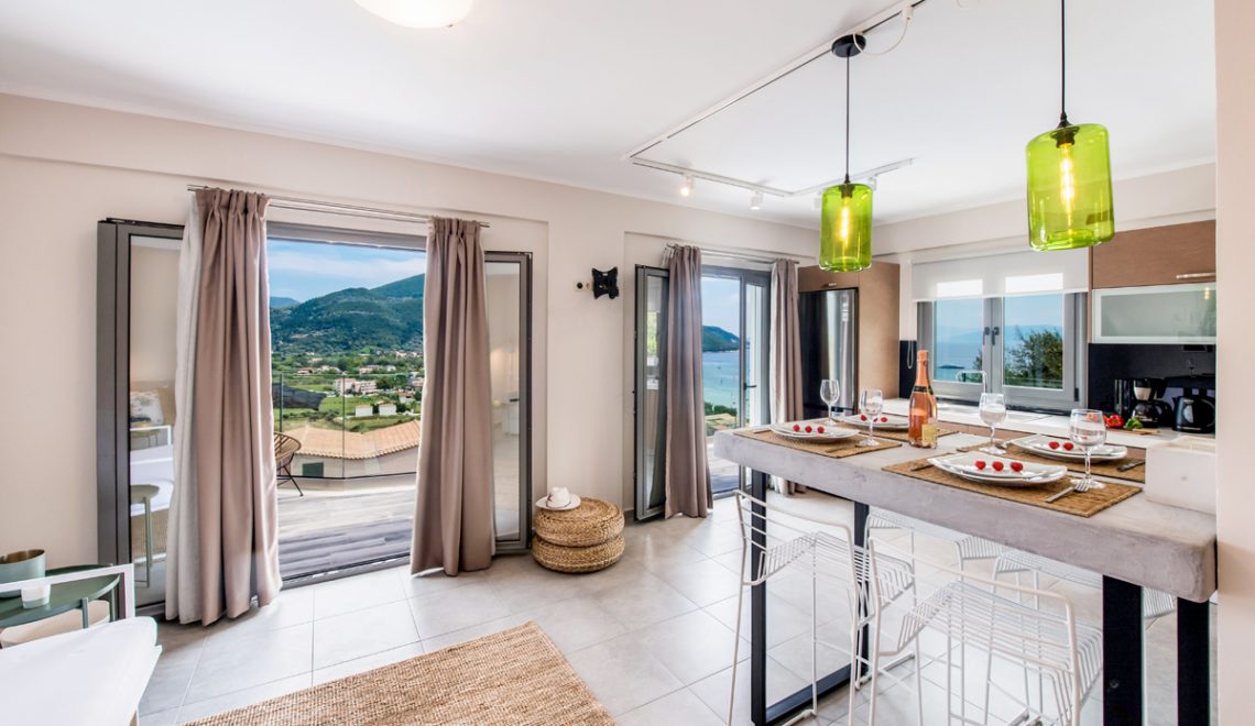 Villa Irene in vasiliki lefkada, open dining room with balcony and panoramic view