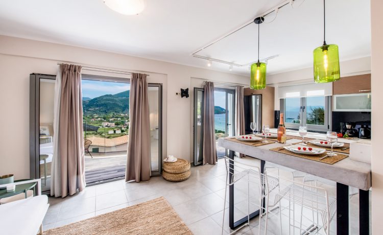 Villa Irene in vasiliki lefkada, open dining room with balcony and panoramic view