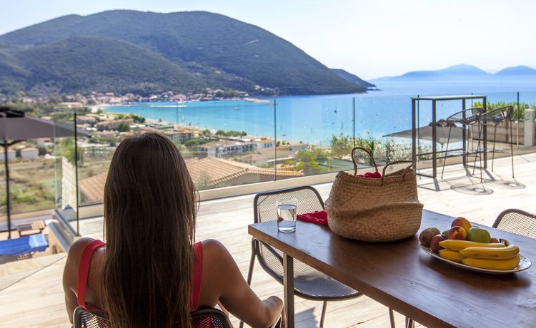 Villa maria in vasiliki lefkada greece, the dining area in the balcony with panoramic view