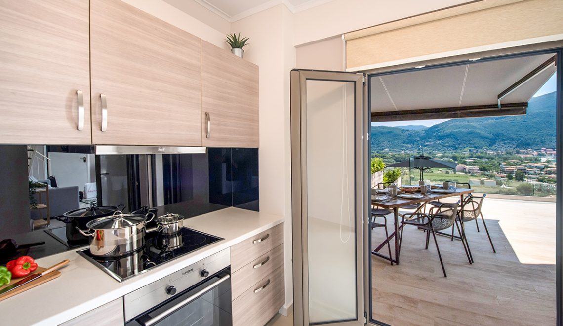 Villa maria in vasiliki lefkada, luxury accommodation the kitchen area with panoramic view