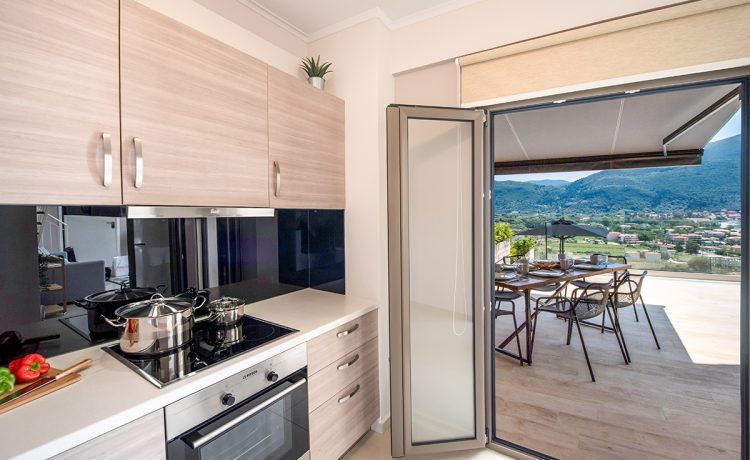 Villa maria in vasiliki lefkada, luxury accommodation the kitchen area with panoramic view