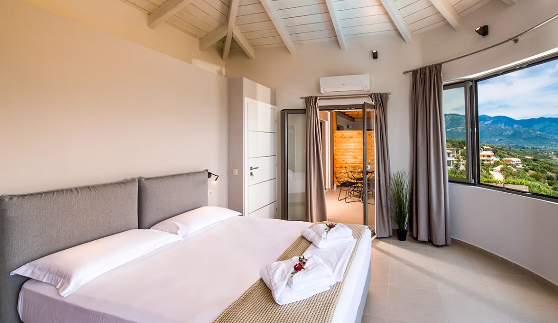 Villa maria in vasiliki lefkada greece the bedroom with panoramic mountain and sea view