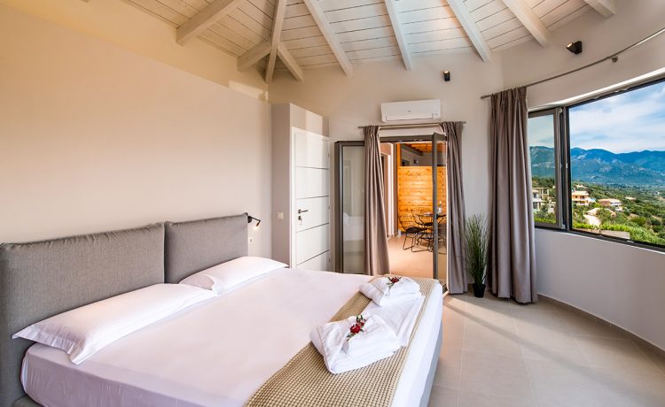 Villa maria in vasiliki lefkada greece the bedroom with panoramic mountain and sea view