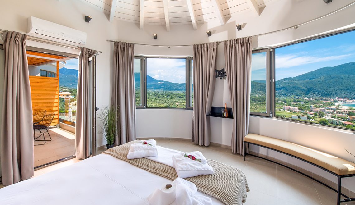 Villa maria in vasiliki lefkada the master bedroom with panoramic mountain view