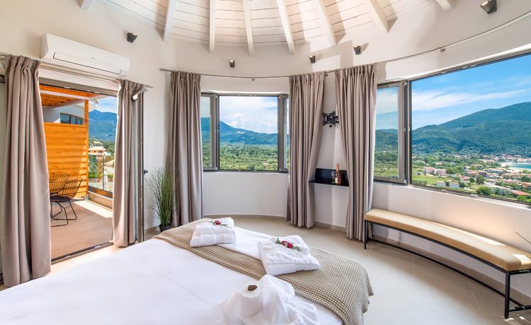 Villa maria in vasiliki lefkada the master bedroom with panoramic mountain view