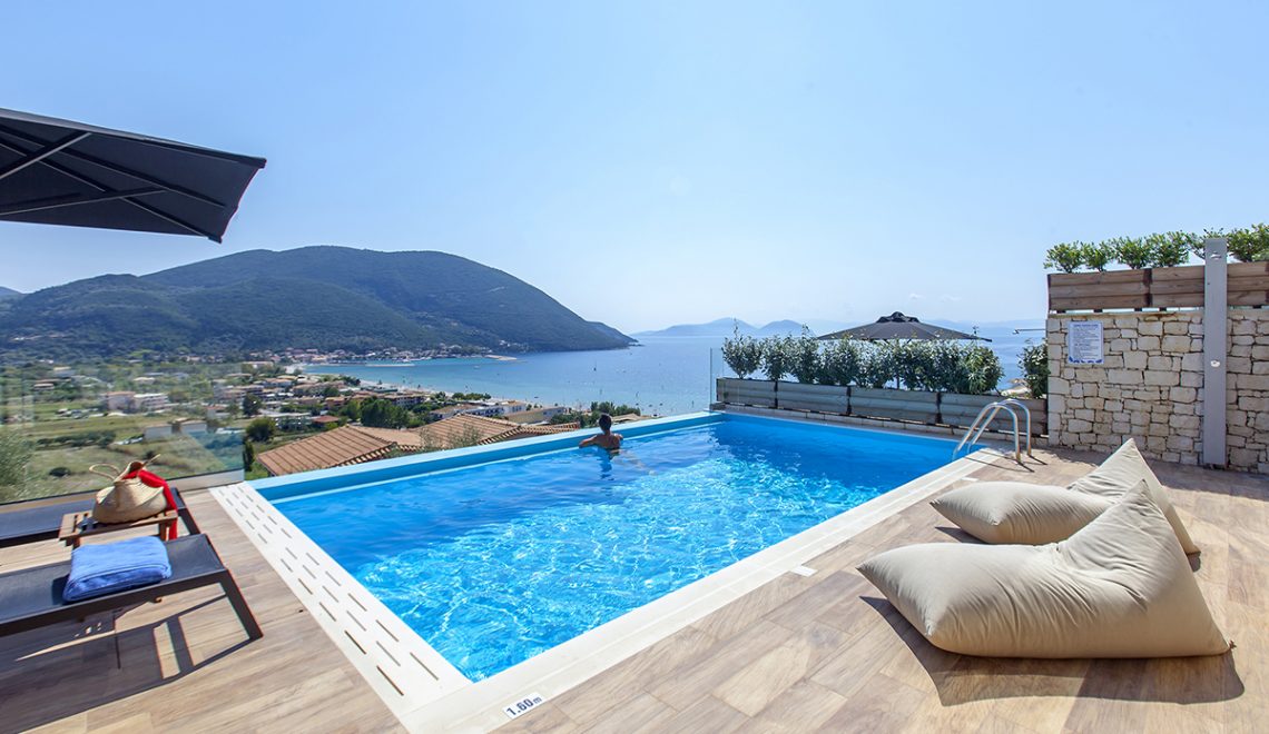 Villa Maria in vasiliki lefkada greece An accommodation with private swimming pool, sunbeds, cushions and panoramic view